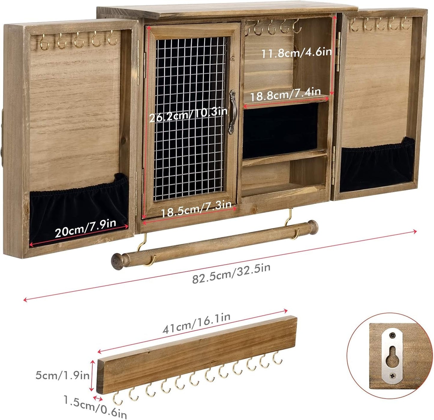 Rustic Wooden Jewelry Organizer Wall Mounted Holder with Removable Bracelet Rod and Hooks for Necklaces Earrings Bracelets Rings