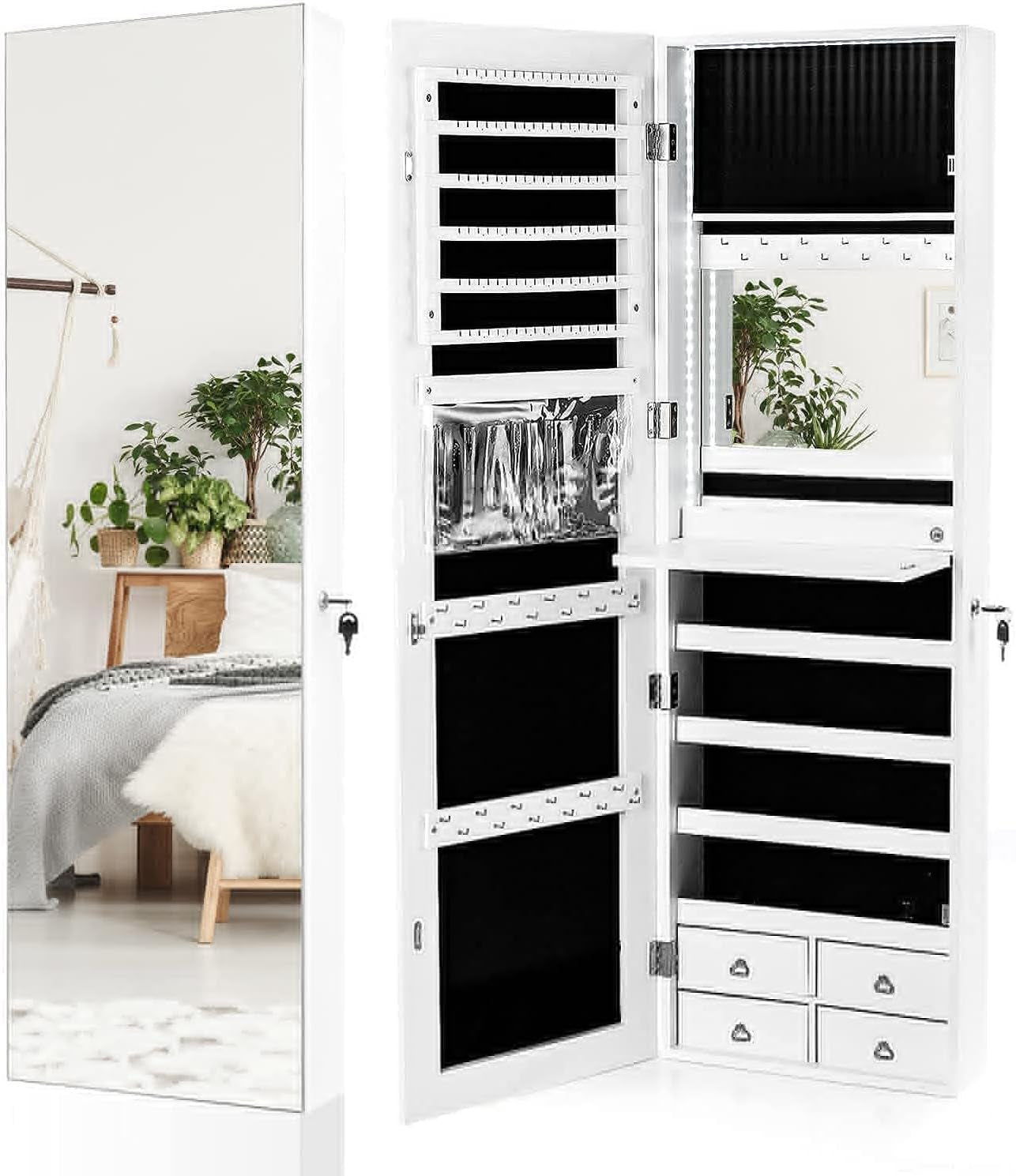 LED Strip Jewelry Armoire with 47.2" H Full Length Mirror, Wall/Door Mounted Jewelry Organizer with Built-In Mirror, Flip-Over Cosmetic Tray, 4 Drawers, Large Storage Jewelry Cabinet (White)