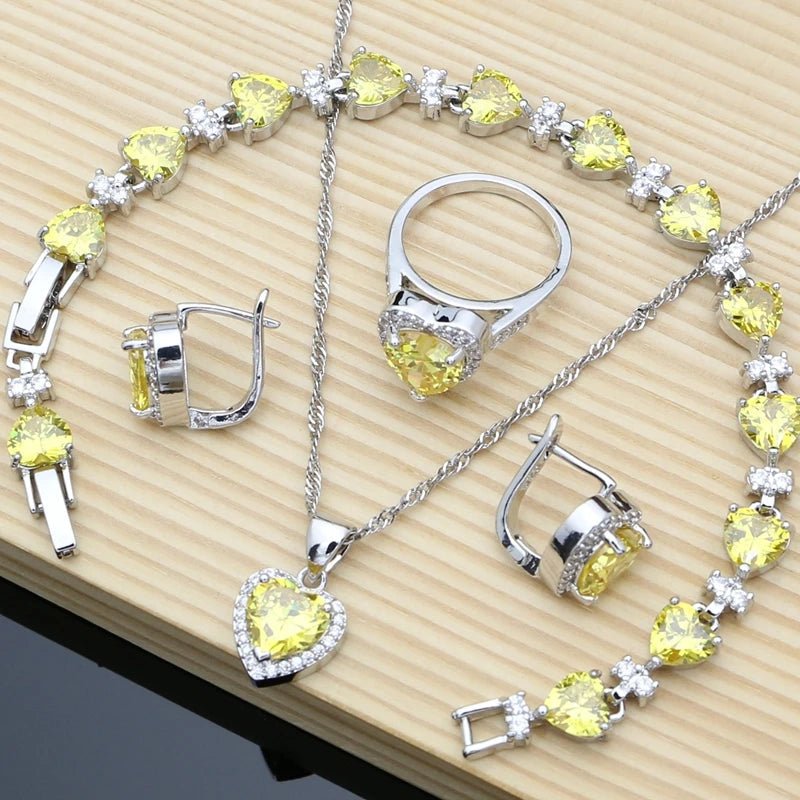 Silver 925 Bridal Jewelry Sets Heart Red Garnet White Topaz Decoration for Women Wedding Earrings with Stone Necklace Set