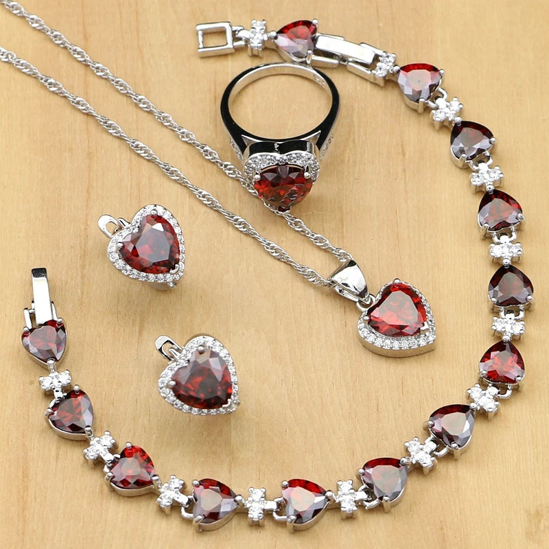 Silver 925 Bridal Jewelry Sets Heart Red Garnet White Topaz Decoration for Women Wedding Earrings with Stone Necklace Set