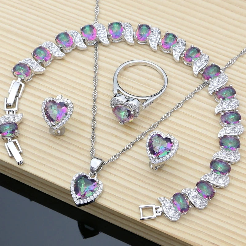 Silver 925 Bridal Jewelry Sets Heart Red Garnet White Topaz Decoration for Women Wedding Earrings with Stone Necklace Set