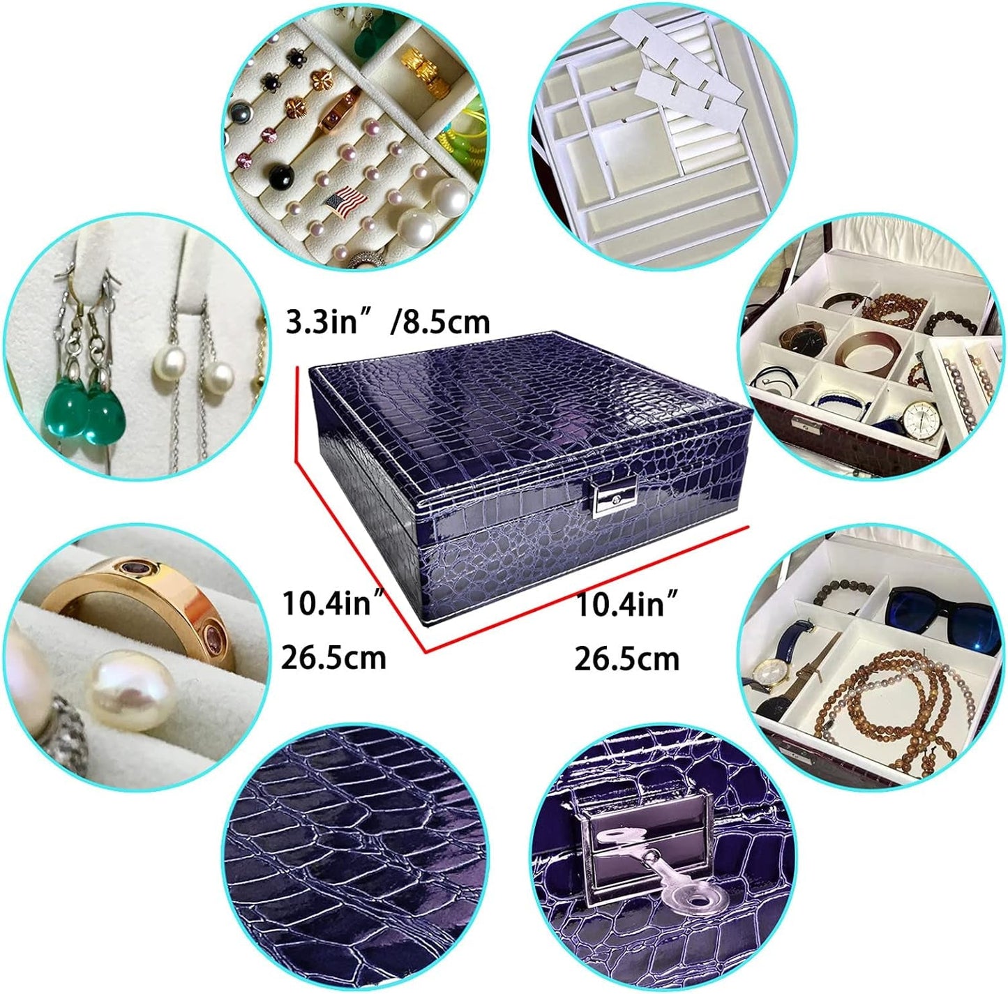 Jewelry Boxes for Women, Women'S Jewelry Boxes Organizer for Mother'S Day Gift, Two Layers Womens Black Leather Jewelry Box with Lock and Key (Purple)