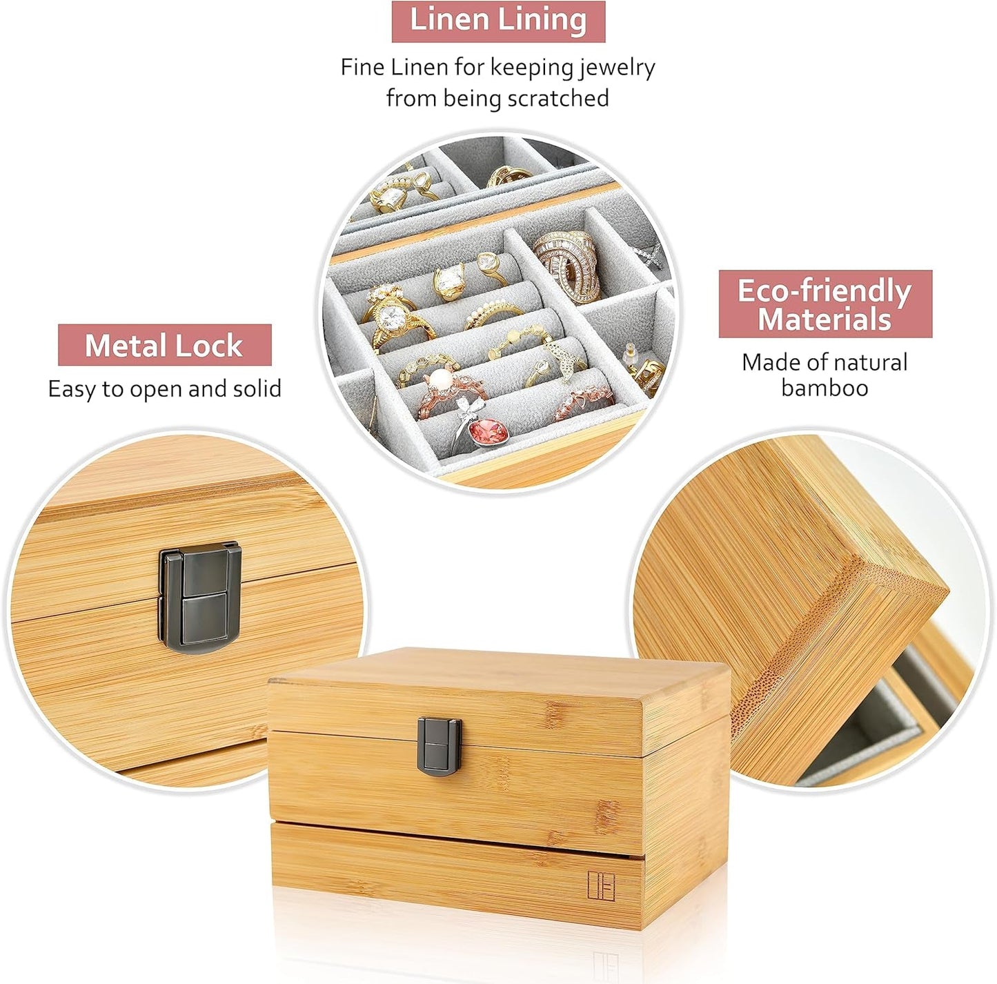 Three-Layer Bamboo Jewelry Box with Mirror Jewelry Storage with Lock Jewelry Organizer with 2 Drawers for Girl Women'S Gift Mother'S Day