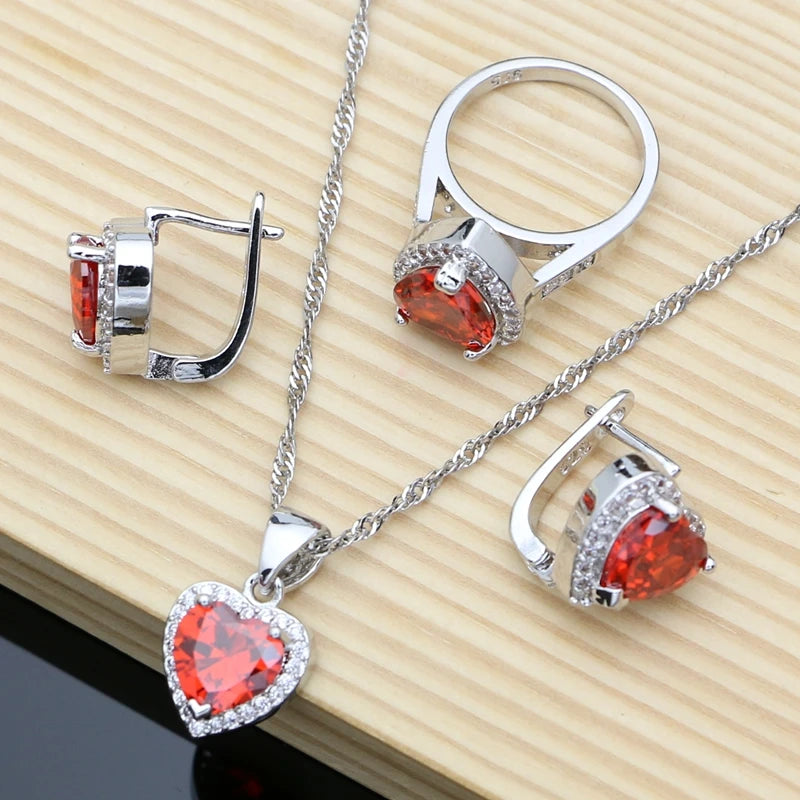 Silver 925 Bridal Jewelry Sets Heart Red Garnet White Topaz Decoration for Women Wedding Earrings with Stone Necklace Set