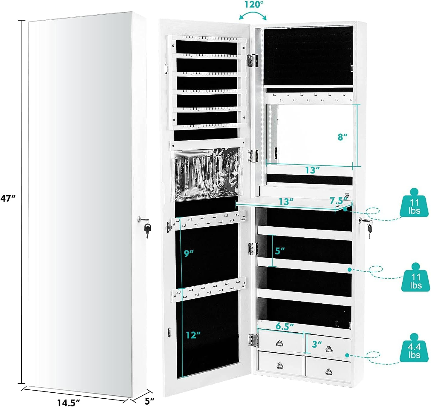 LED Strip Jewelry Armoire with 47.2" H Full Length Mirror, Wall/Door Mounted Jewelry Organizer with Built-In Mirror, Flip-Over Cosmetic Tray, 4 Drawers, Large Storage Jewelry Cabinet (White)