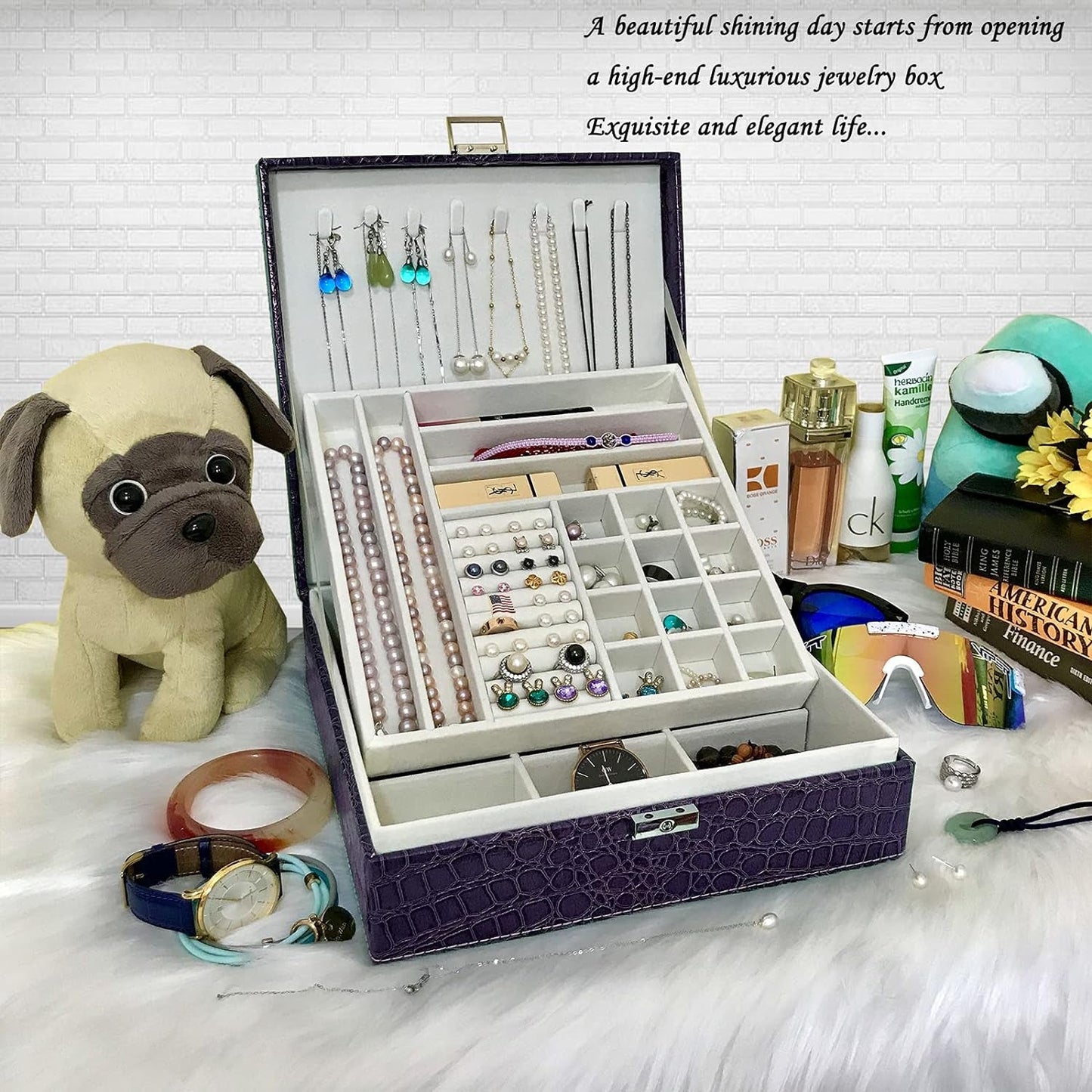 Jewelry Boxes for Women, Women'S Jewelry Boxes Organizer for Mother'S Day Gift, Two Layers Womens Black Leather Jewelry Box with Lock and Key (Purple)