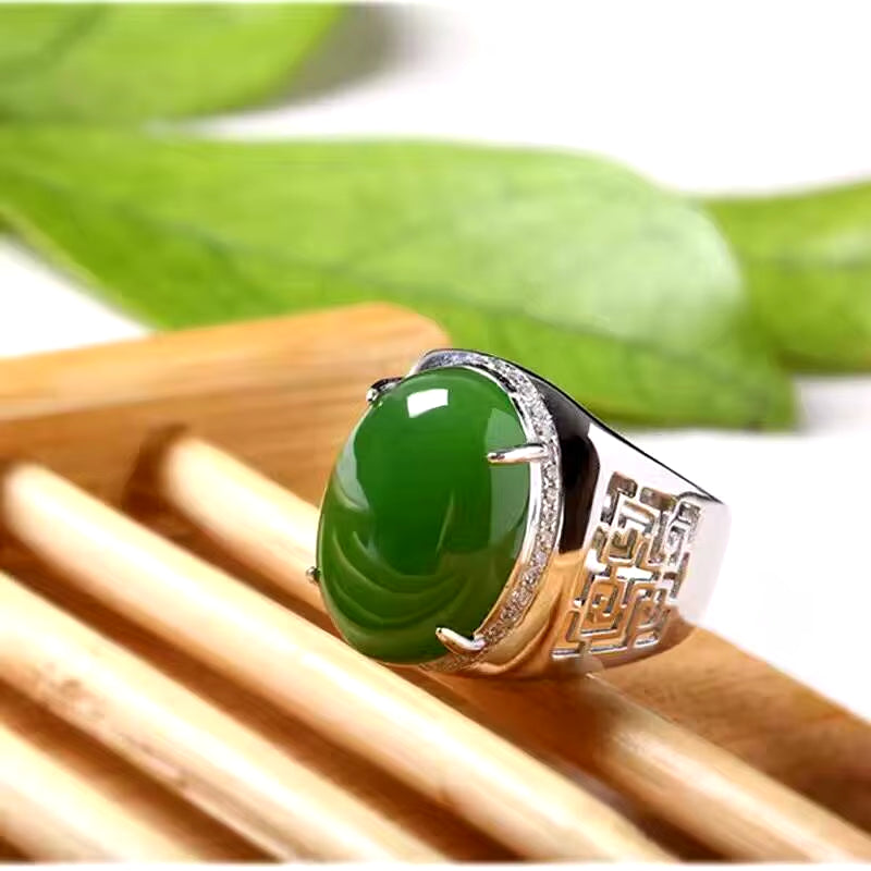 Chinese Style Green Jade Man'S Ring 12*16Mm Natural Jade Vintage 925 Silver Gemstone Ring for Man Luxurious Silver Man Ring