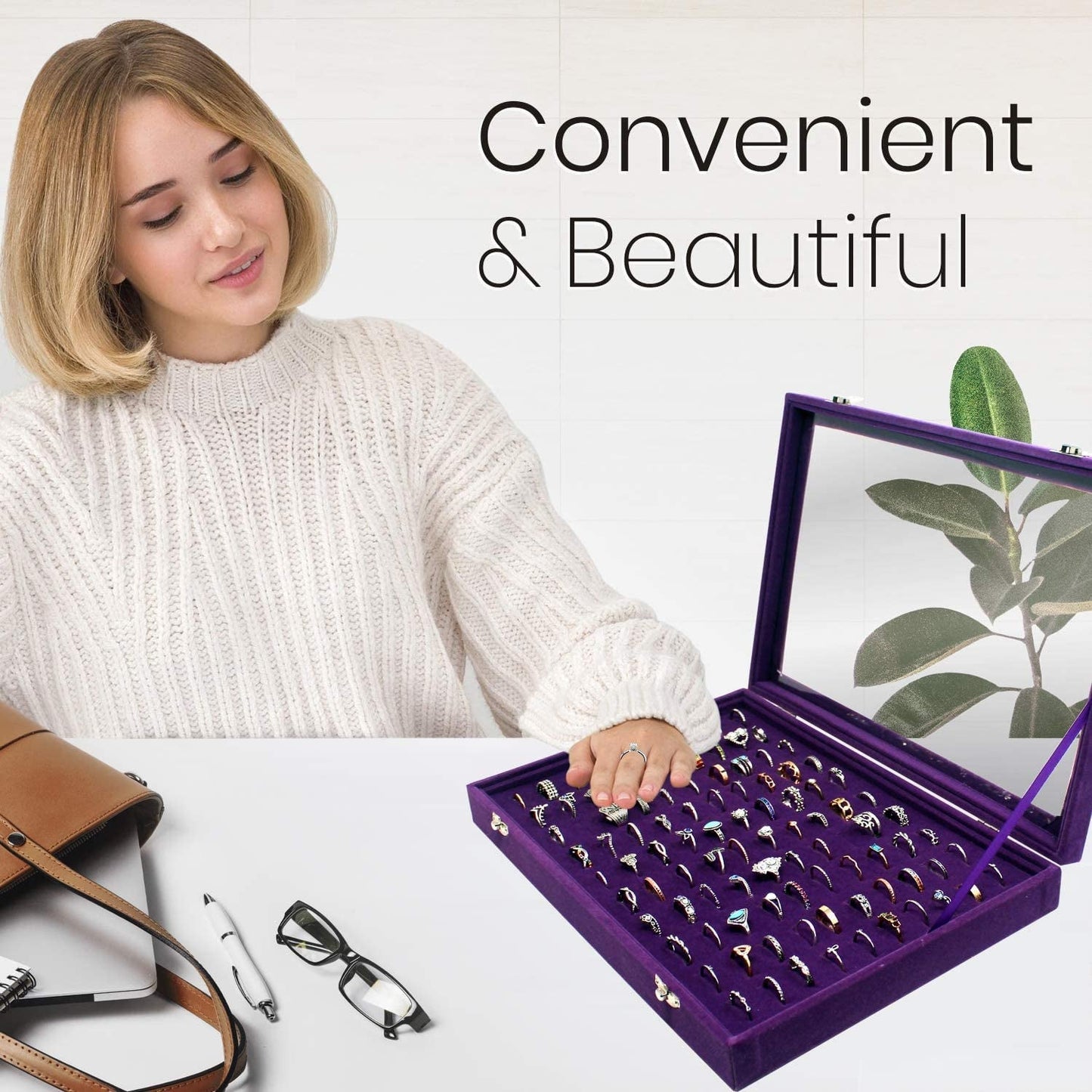 100 Slots Jewelry Ring Organizer Case, Ring Storage Tray for Multiple Rings with Clear Lid, Ring & Earring Holder Storage Box for Shows