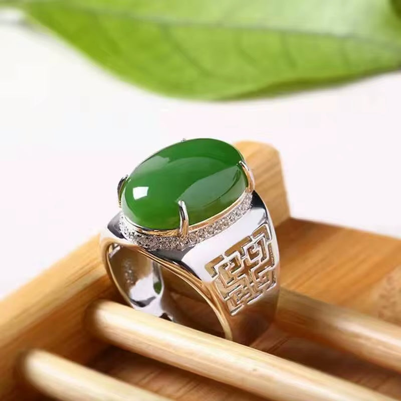 Chinese Style Green Jade Man'S Ring 12*16Mm Natural Jade Vintage 925 Silver Gemstone Ring for Man Luxurious Silver Man Ring