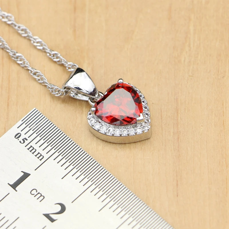 Silver 925 Bridal Jewelry Sets Heart Red Garnet White Topaz Decoration for Women Wedding Earrings with Stone Necklace Set