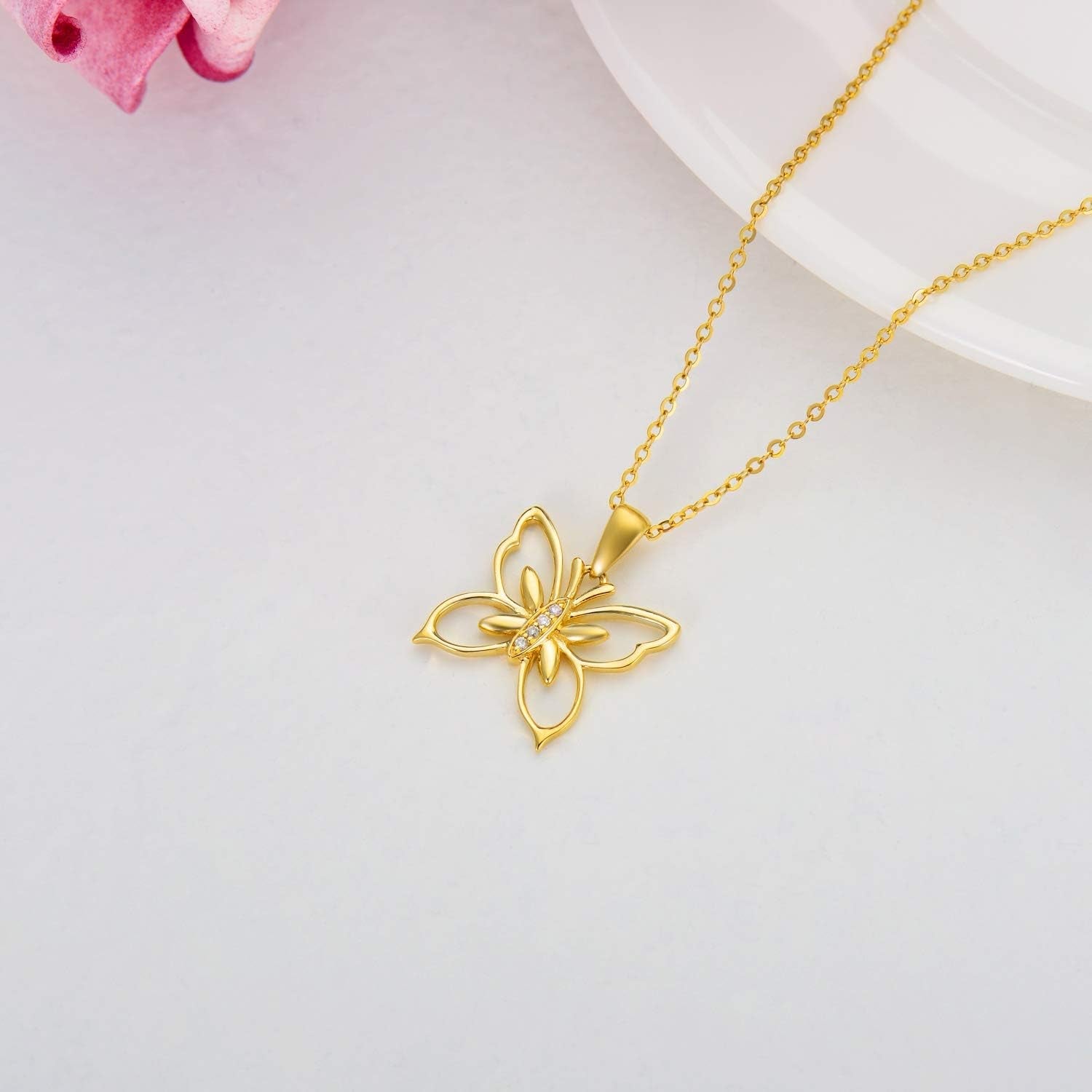 14K Solid Gold Diamond Butterfly Necklace, Genuine Natural Diamonds Delicate Yellow Gold Butterfly Pendant Jewelry Gift for Women Girls 16+2 Inch