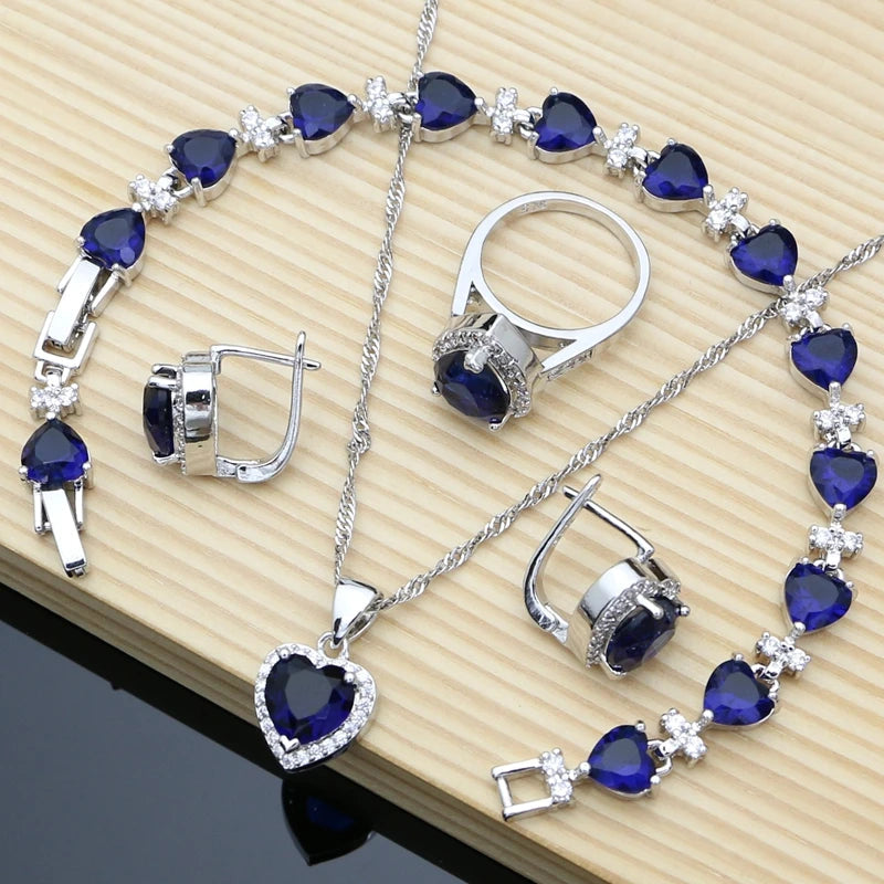 Silver 925 Bridal Jewelry Sets Heart Red Garnet White Topaz Decoration for Women Wedding Earrings with Stone Necklace Set
