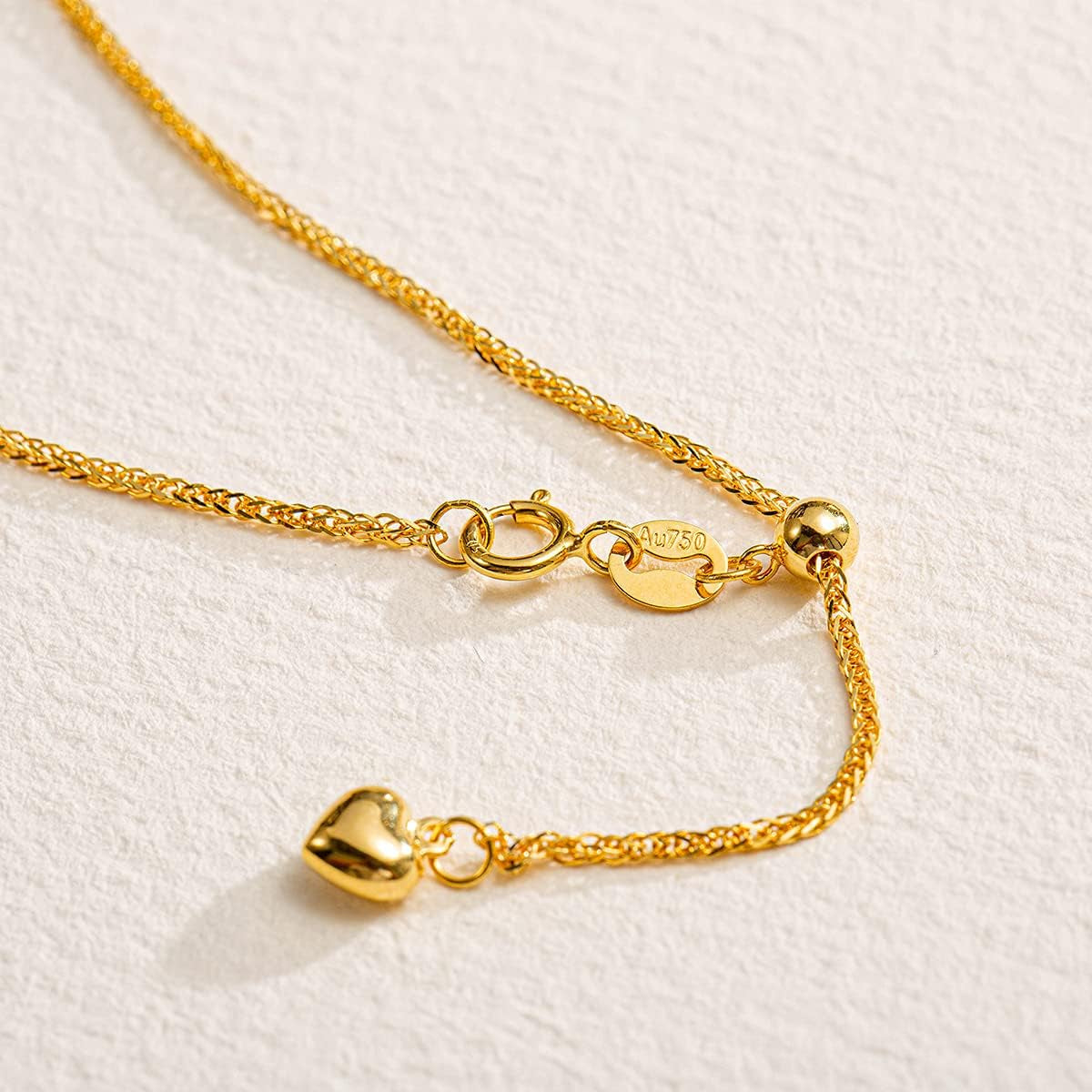 18K Solid Gold 1MM Thin Strong Simple Minimalist Wheat Cable Adjustable Chain Necklace with a Heart Extender Dainty Fine Jewelry for Women Girls, 50CM