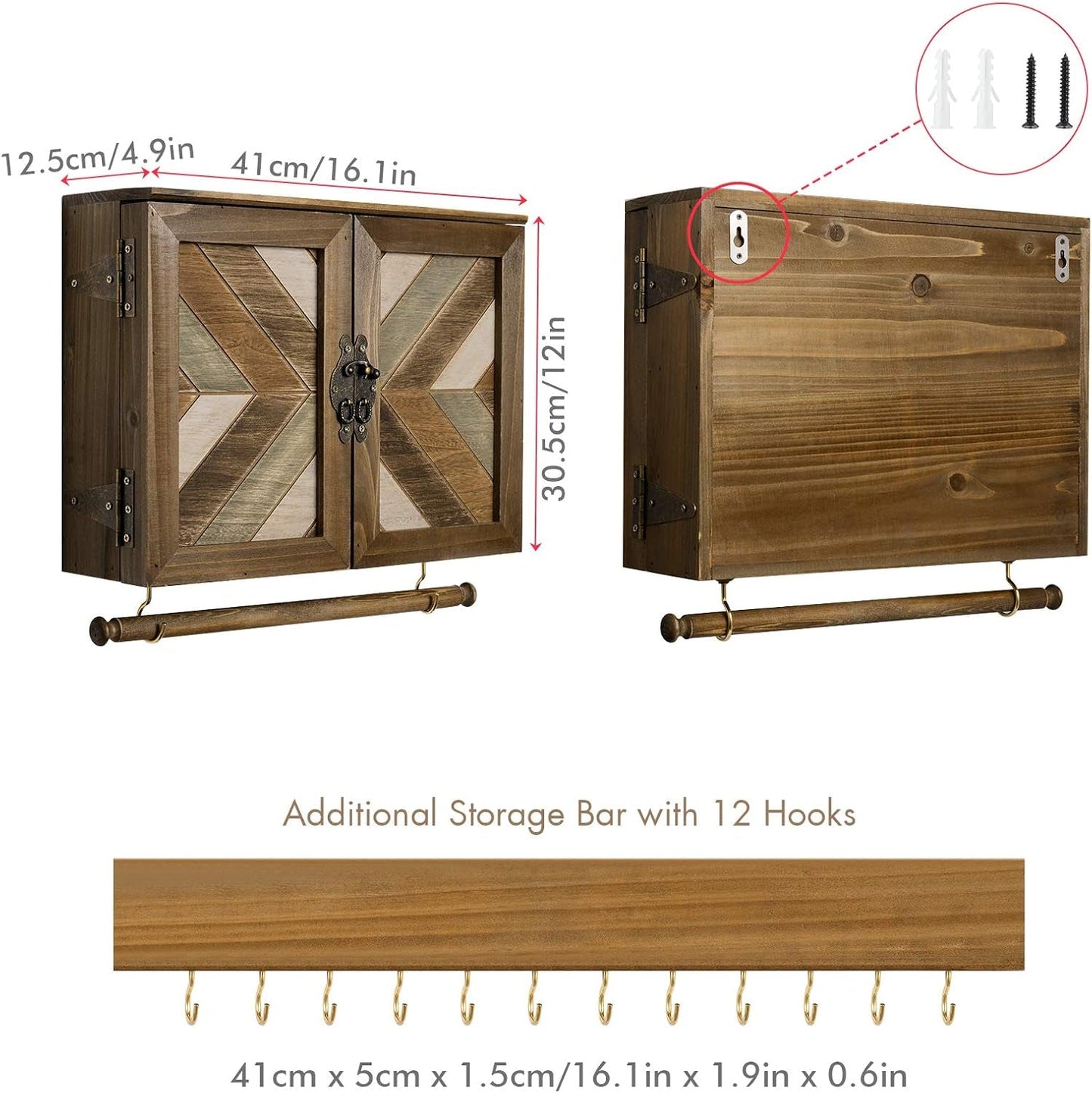 Rustic Wooden Jewelry Organizer Wall Mounted Holder with Removable Bracelet Rod and Hooks for Necklaces Earrings Bracelets Rings