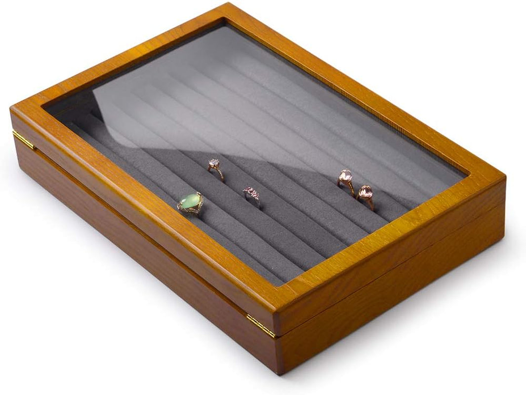 Solid Wood Jewelry Display Box Rings Earrings Organizer Case with Acrylic Lid Vintage Gift for Women