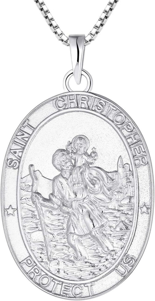 St. Christopher Necklace 925 Sterling Silver, round Coin Antiqued Religious Protector Talisman Pendant, Oval Pendant for Women
