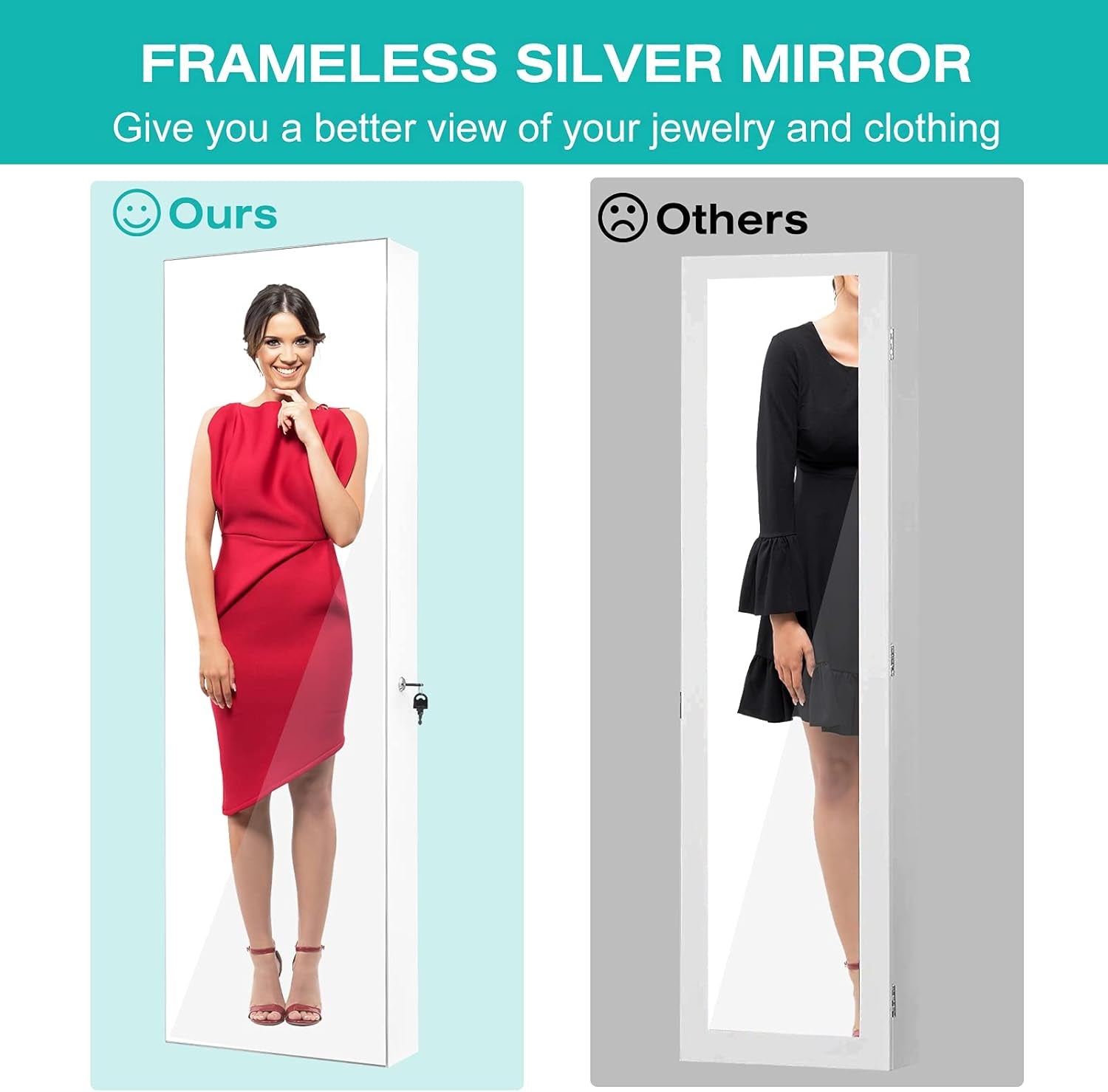 LED Strip Jewelry Armoire with 47.2" H Full Length Mirror, Wall/Door Mounted Jewelry Organizer with Built-In Mirror, Flip-Over Cosmetic Tray, 4 Drawers, Large Storage Jewelry Cabinet (White)