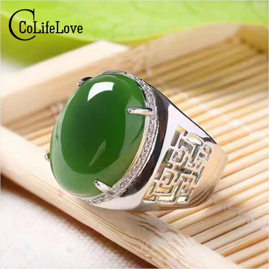 Chinese Style Green Jade Man'S Ring 12*16Mm Natural Jade Vintage 925 Silver Gemstone Ring for Man Luxurious Silver Man Ring