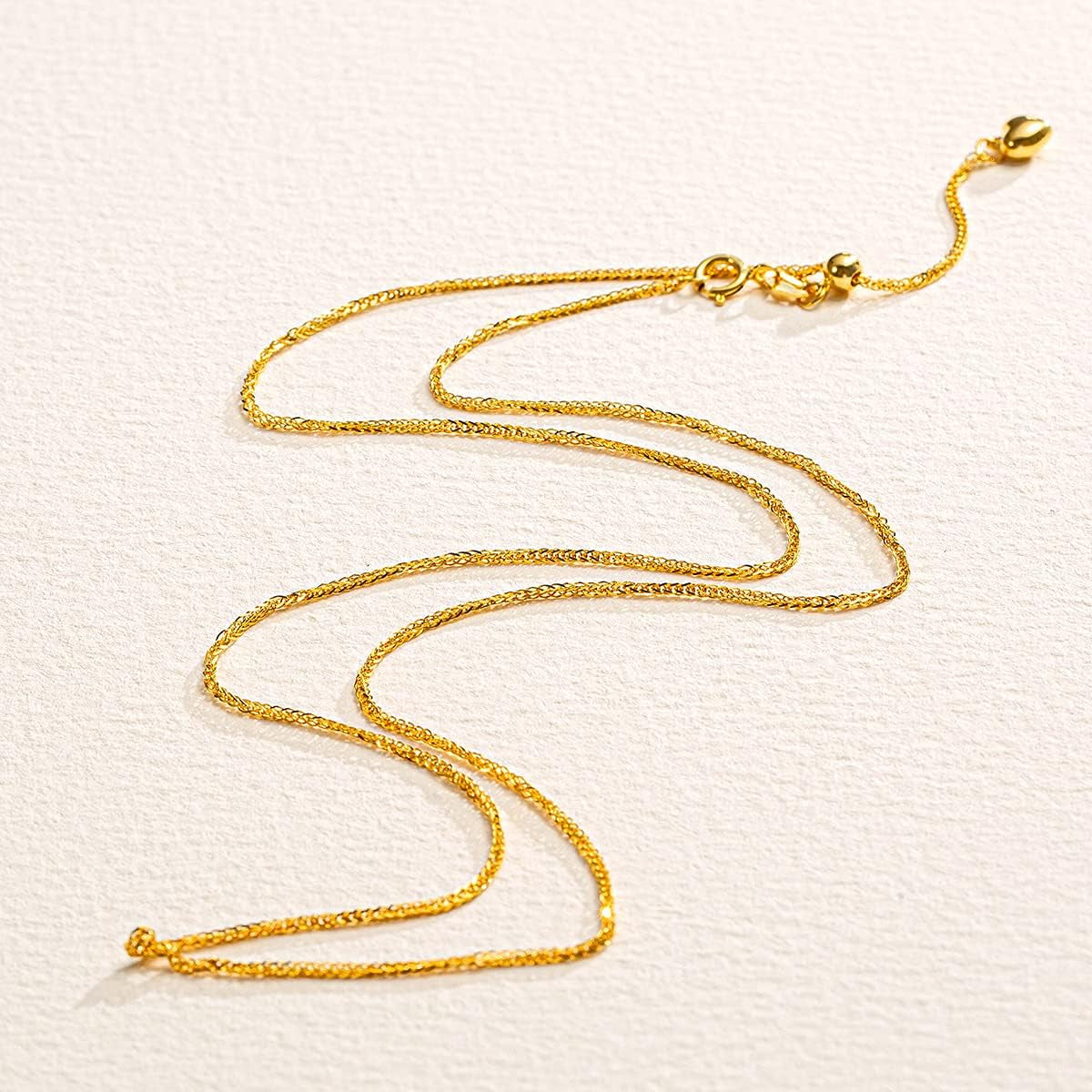 18K Solid Gold 1MM Thin Strong Simple Minimalist Wheat Cable Adjustable Chain Necklace with a Heart Extender Dainty Fine Jewelry for Women Girls, 50CM