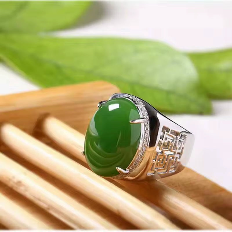 Chinese Style Green Jade Man'S Ring 12*16Mm Natural Jade Vintage 925 Silver Gemstone Ring for Man Luxurious Silver Man Ring