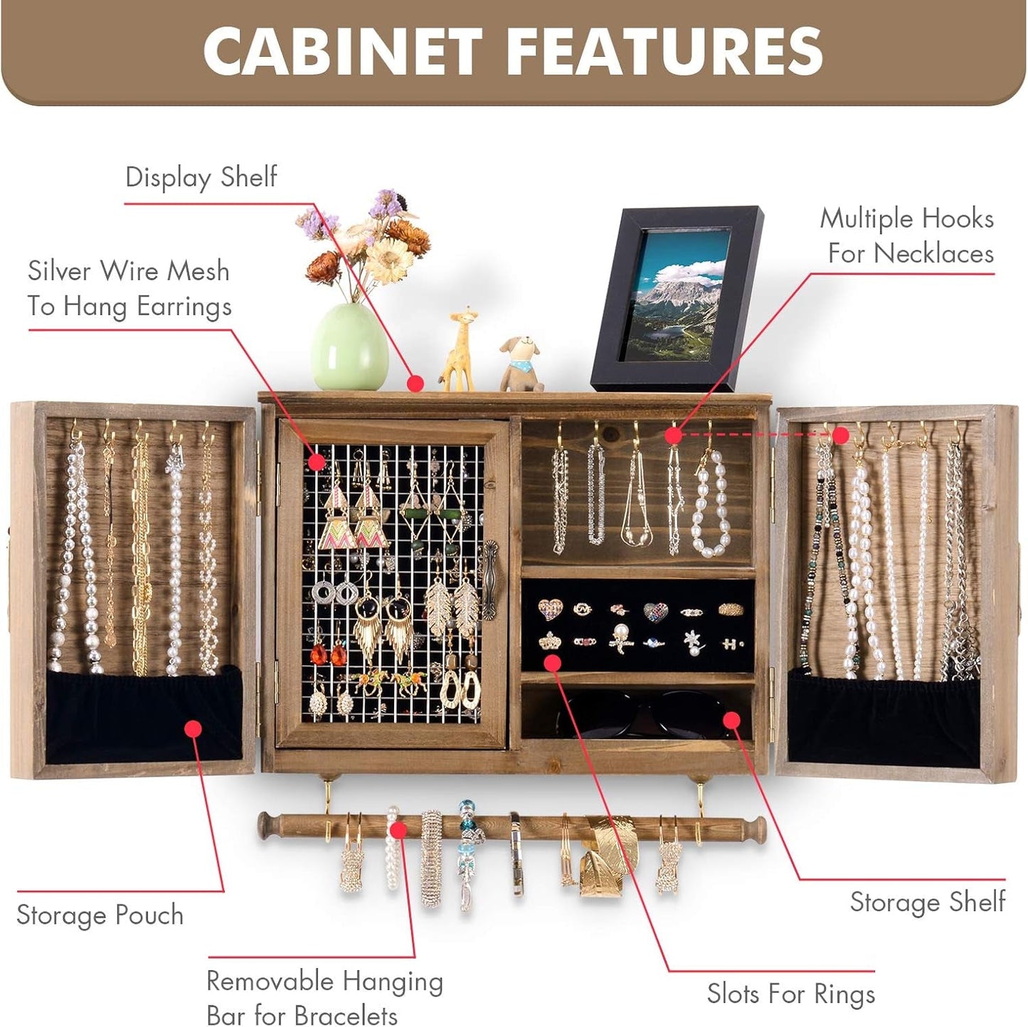 Rustic Wooden Jewelry Organizer Wall Mounted Holder with Removable Bracelet Rod and Hooks for Necklaces Earrings Bracelets Rings