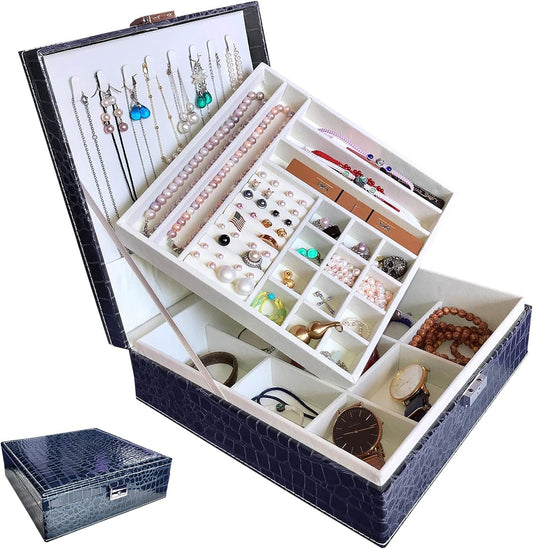 Jewelry Boxes for Women, Women'S Jewelry Boxes Organizer for Mother'S Day Gift, Two Layers Womens Black Leather Jewelry Box with Lock and Key (Purple)