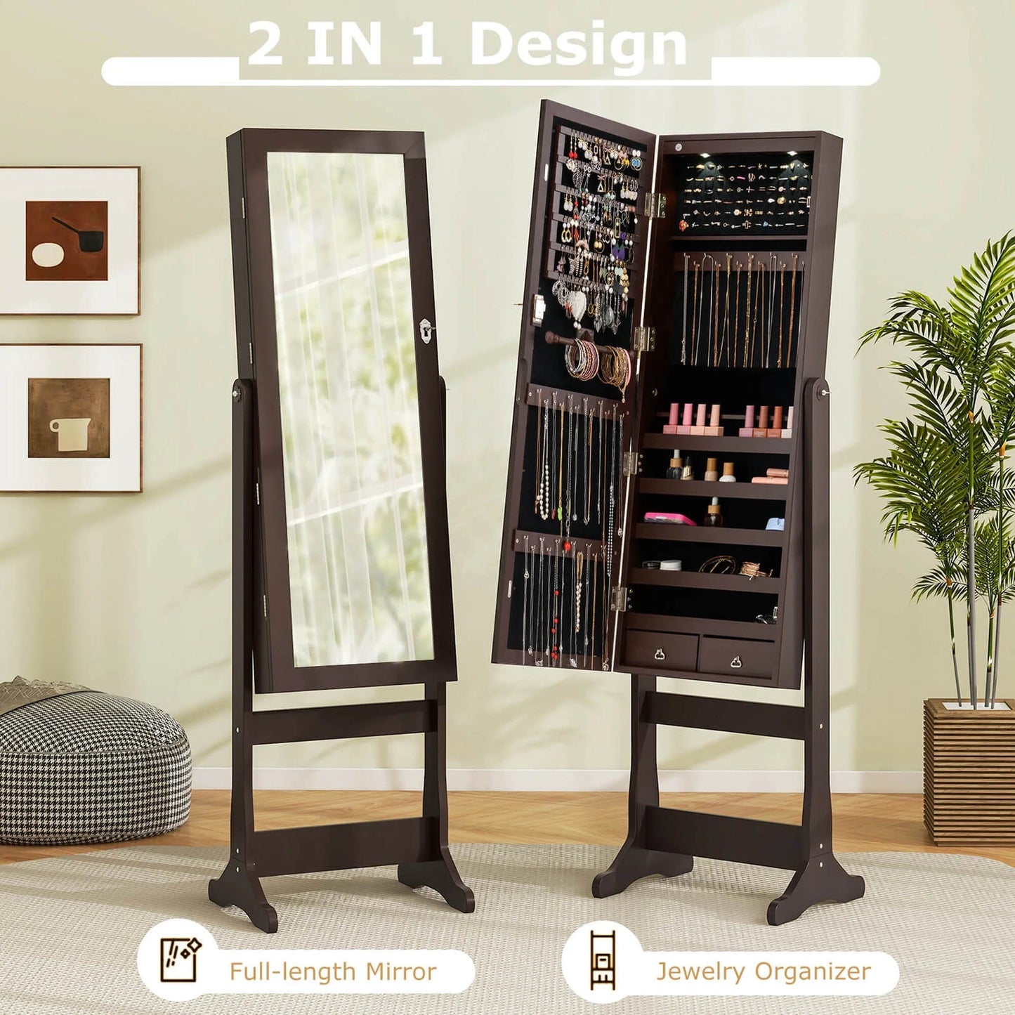 Contemporary MDF Jewelry Cabinet with LED Lights in Brown