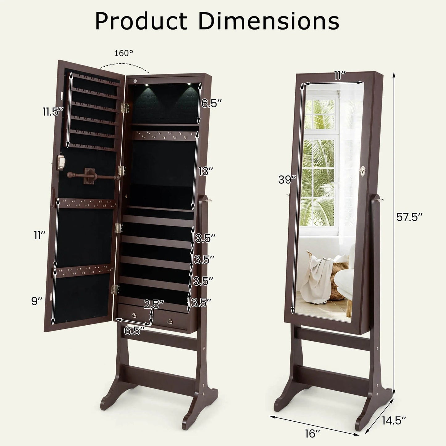 Contemporary MDF Jewelry Cabinet with LED Lights in Brown