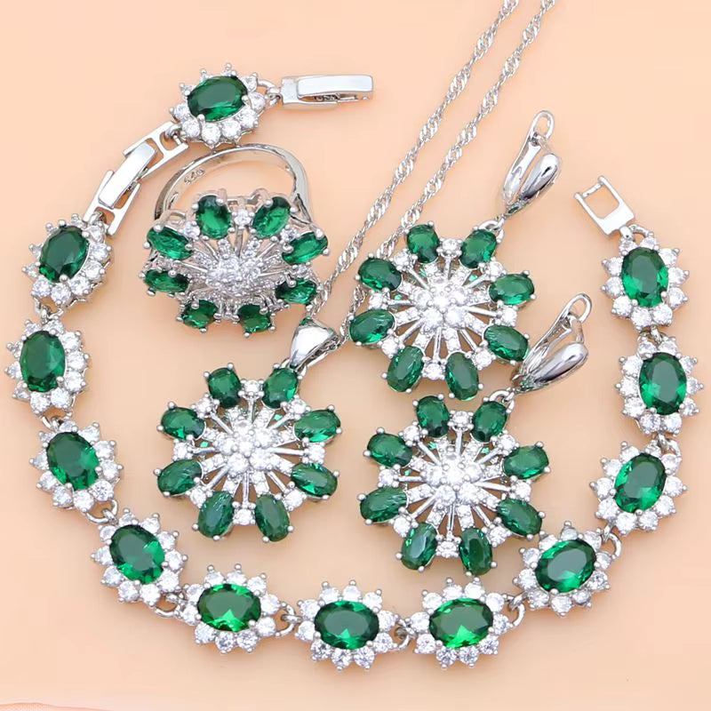 Elegant Women 925 Sterling Silver Jewelry Sets Green Zircon Wedding Party Plant Jewelry Kits Earrings Bracelet Dropshipping Gift