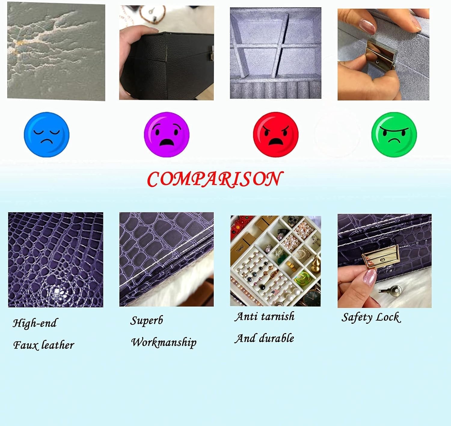 Jewelry Boxes for Women, Women'S Jewelry Boxes Organizer for Mother'S Day Gift, Two Layers Womens Black Leather Jewelry Box with Lock and Key (Purple)