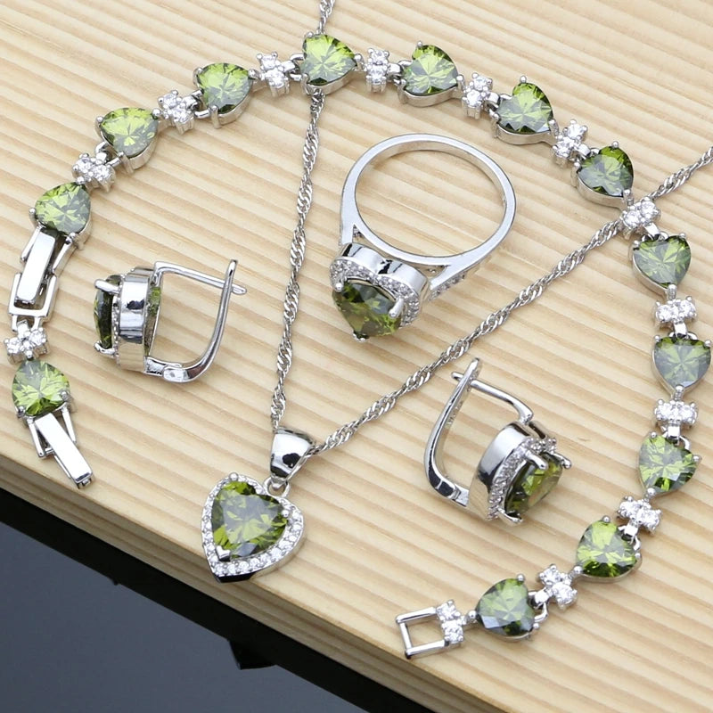 Silver 925 Bridal Jewelry Sets Heart Red Garnet White Topaz Decoration for Women Wedding Earrings with Stone Necklace Set