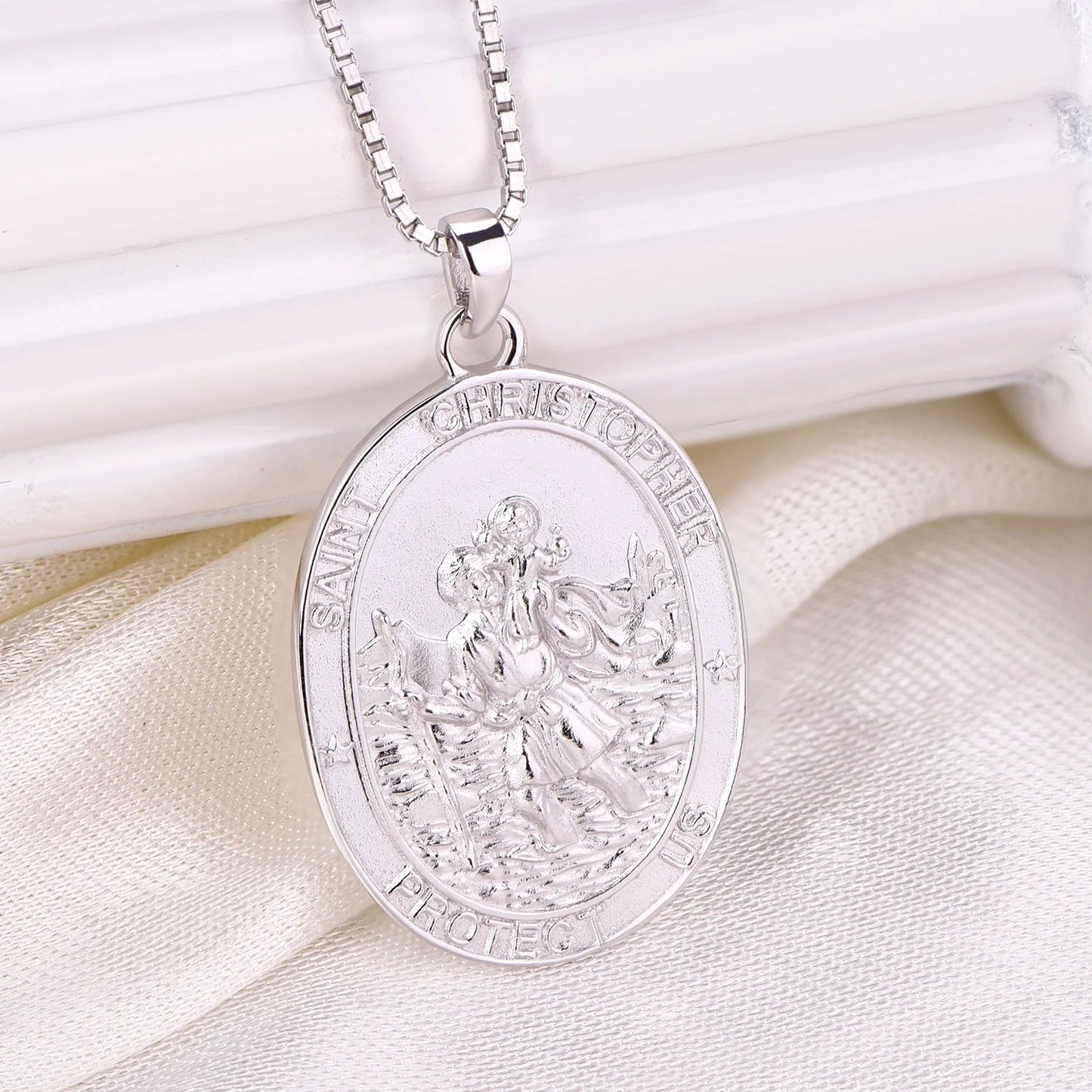 St. Christopher Necklace 925 Sterling Silver, round Coin Antiqued Religious Protector Talisman Pendant, Oval Pendant for Women