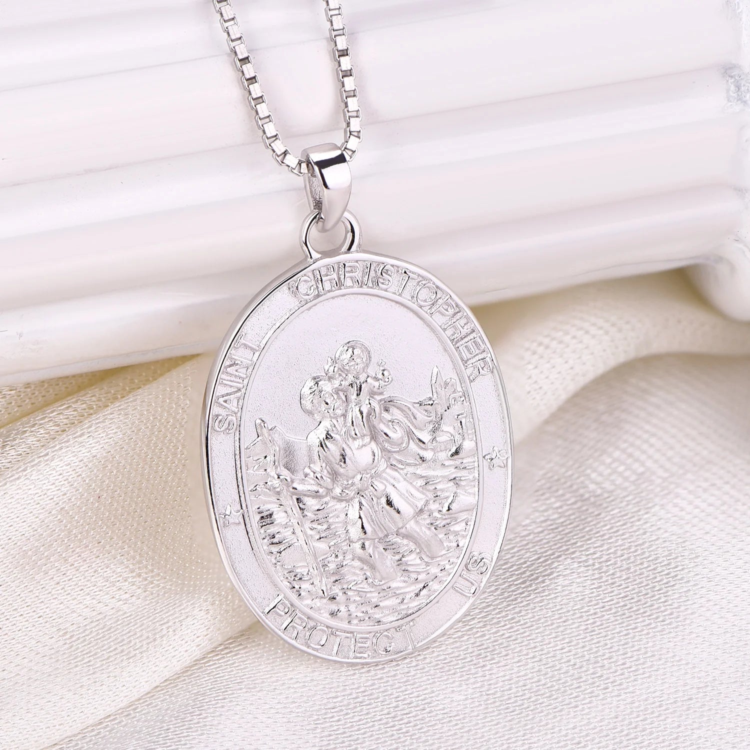 St. Christopher Necklace 925 Sterling Silver, round Coin Antiqued Religious Protector Talisman Pendant, Oval Pendant for Women