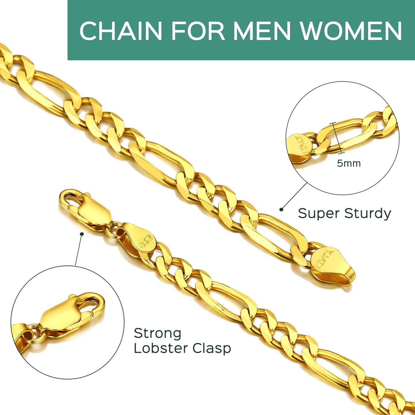 14K Gold Plated Italian 5MM Cut Figaro Necklace for Women Men, 925 Silver, Classic Style, Daily Wear, Valentine'S Day Birthday Party Gift (With Gift Box)