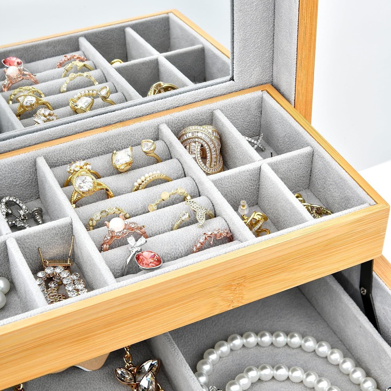 Three-Layer Bamboo Jewelry Box with Mirror Jewelry Storage with Lock Jewelry Organizer with 2 Drawers for Girl Women'S Gift Mother'S Day