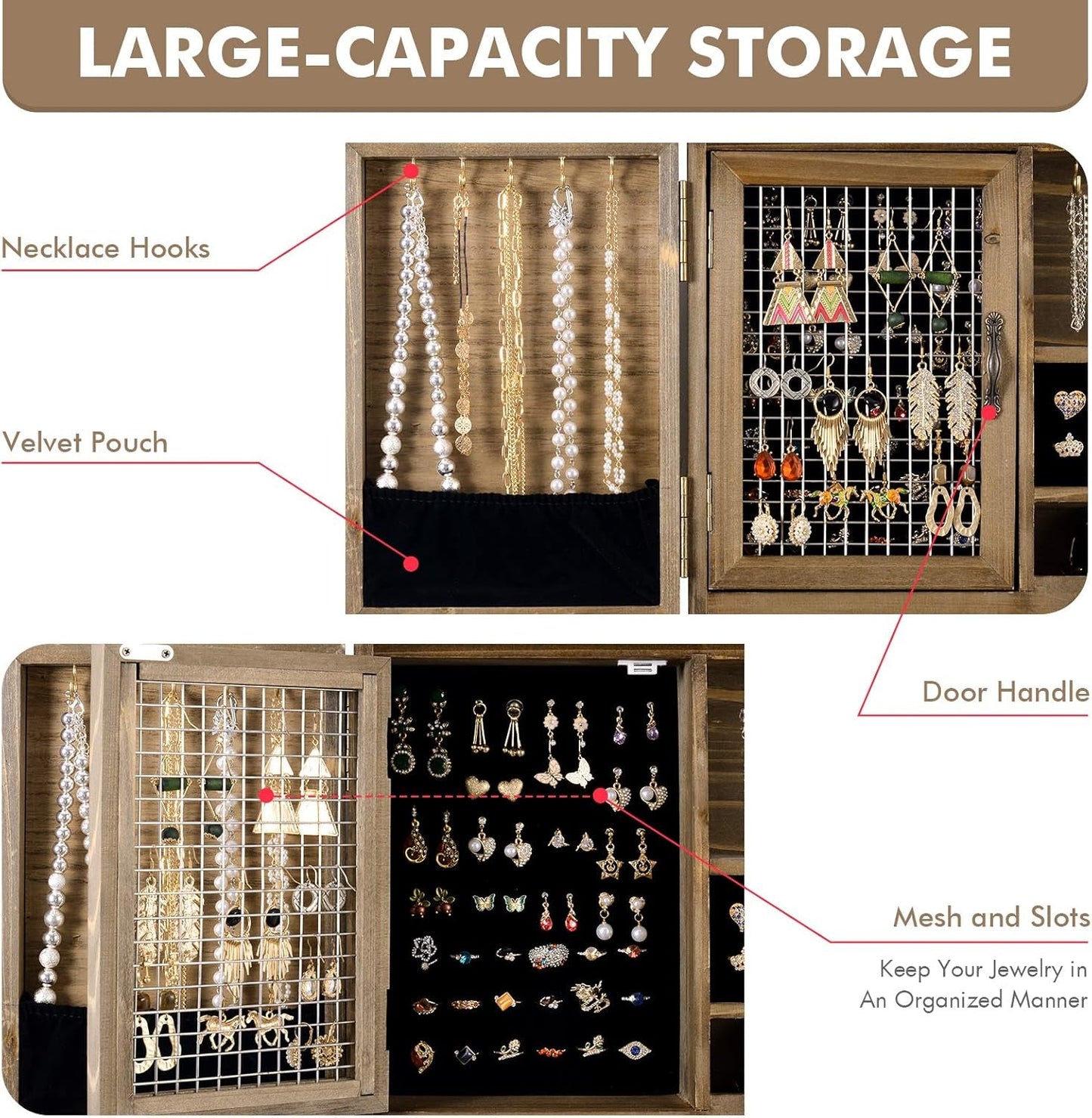 Rustic Wooden Jewelry Organizer Wall Mounted Holder with Removable Bracelet Rod and Hooks for Necklaces Earrings Bracelets Rings