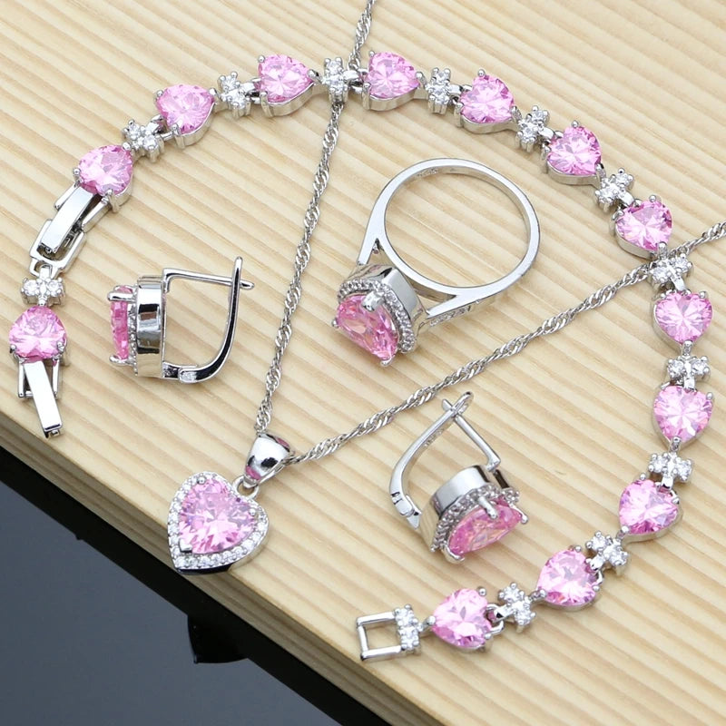 Silver 925 Bridal Jewelry Sets Heart Red Garnet White Topaz Decoration for Women Wedding Earrings with Stone Necklace Set