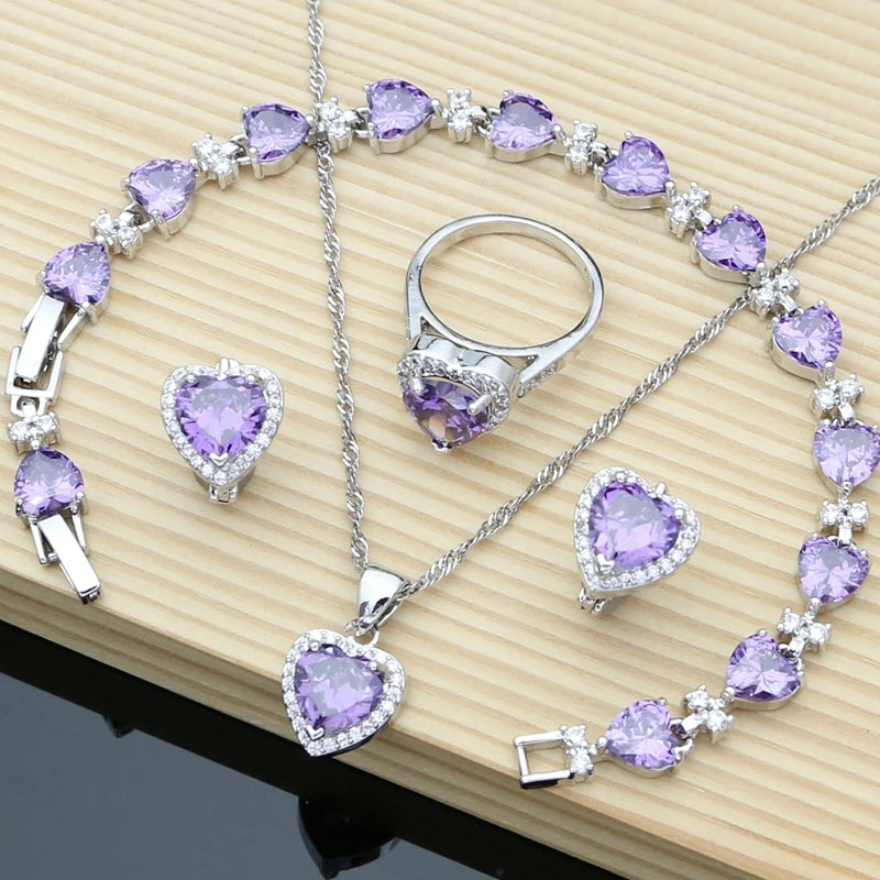 Silver 925 Bridal Jewelry Sets Heart Red Garnet White Topaz Decoration for Women Wedding Earrings with Stone Necklace Set