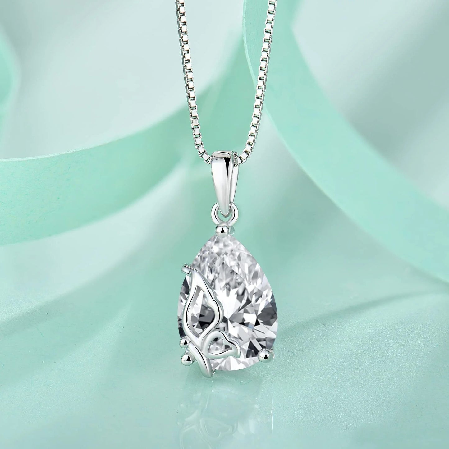 Butterfly Necklace for Women 925 Sterling Silver Teardrop Pendant April Birthstone Necklace Simulated Diamond Jewelry Gifts for Mom Wife Her