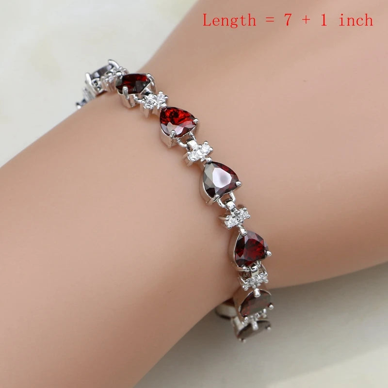Silver 925 Bridal Jewelry Sets Heart Red Garnet White Topaz Decoration for Women Wedding Earrings with Stone Necklace Set