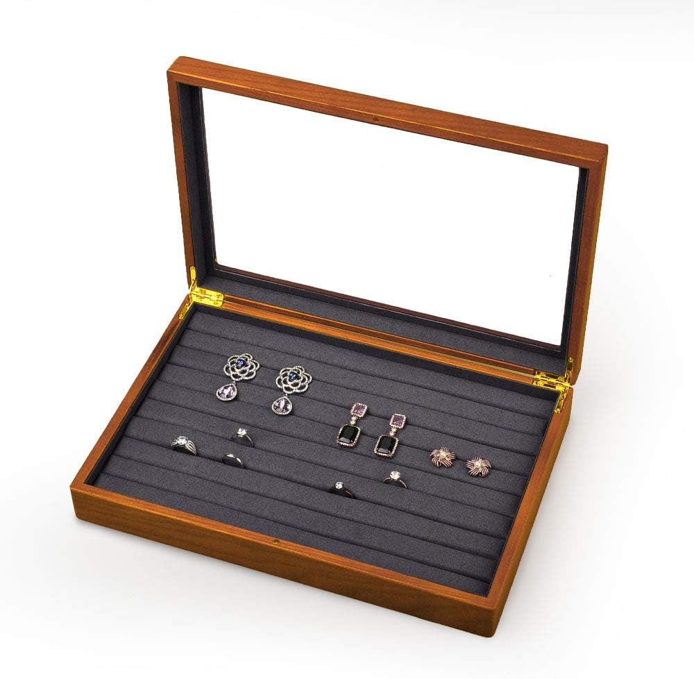 Solid Wood Jewelry Display Box Rings Earrings Organizer Case with Acrylic Lid Vintage Gift for Women